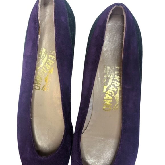 VTG Salvatore Ferragamo Purple Green Kitten Wedge Pointed Toe 9AA - Picture 3 of 7